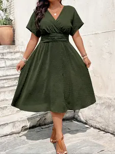 Plus Size Women's V Neck Polka Dot Dress Womenswear, Chic Aesthetic Short Sleeve Flared A-Line for Casual & Office Wear, Soft Stretchy Fabric for a Slimming Look