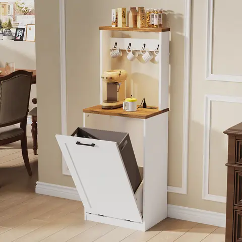 YATINEY Trash Can Cabinet 10 Gallon Tilt Out, with Charging Station & 4 Hooks, Hidden Waste Bin, 2-Tier Storage Shelf, for Kitchen, Laundry, Living Room, Dining Room, White Walnut Wooden Organizer.