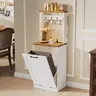 YATINEY Trash Can Cabinet 10 Gallon Tilt Out, with Charging Station & 4 Hooks, Hidden Waste Bin, 2-Tier Storage Shelf, for Kitchen, Laundry, Living Room, Dining Room, White Walnut Wooden Organizer.