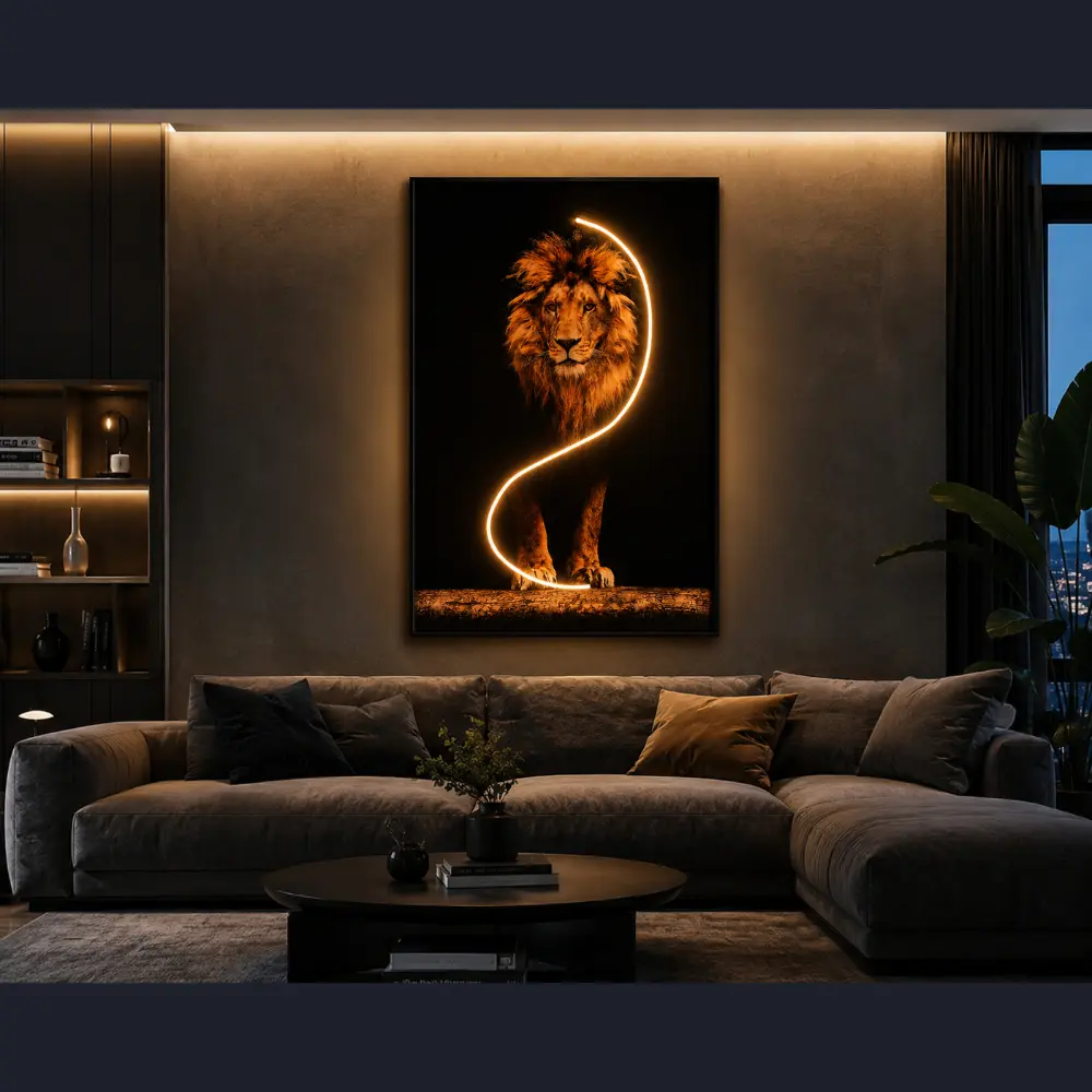 Modern LED Lion Wall Art Decor, Lighted Canvas Wall Hanging with Built-In Warm White LED Strip, Large Statement Wall Accent for Living Room, Bedroom, Office and Man Cave, 23.6" x 35.4"