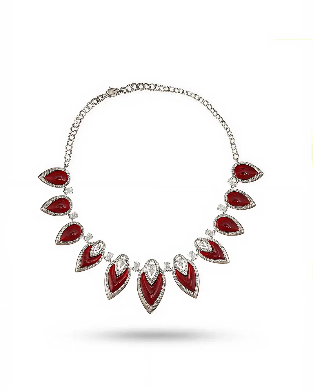 Designer Statement Necklace in Simulated Red Coral and Pave Simulated Diamond in Brass 16"+2"extender
