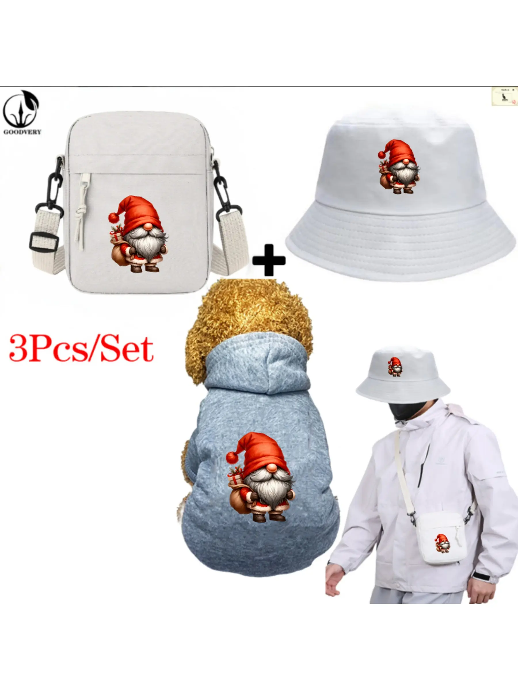 Red Santa Christmas Gnome Clipart Print, Pet Hoodie and Fisherman Hat and Crossbody Bag Three-in-one Combination, Universal for Men and Women, New Style of Pet Hoodie, 3Pcs Suit Stylish Hat Crossbody Bag Pet Hoodie Suit