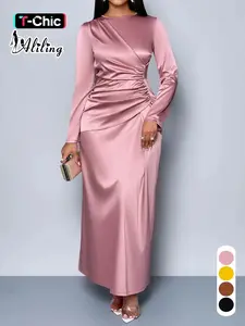 Women's Elegant Plain Woven Dress, Round Neck Fitted Long Dress for Fall & Winter, Formal Wear, Perfect for Parties and Dates