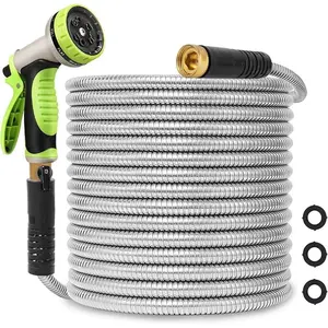 Metal Garden Hose 100ft Stainless Steel Hose Heavy Duty Flexible Water Hose with 10 Way Spray Nozzle 3/4 Solid Brass Fittings-Outdoor Yard Lightweight No Kink Leak Resistant Water Pipe