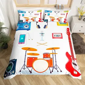 Boys Drum Kit Bedding Set,Music Notes Musical Instruments Comforter Cover Electric Guitar For Children Youth Child,Hip Hop Style Duvet Cover Fashion Speakers Microphone Kids Girls Teens