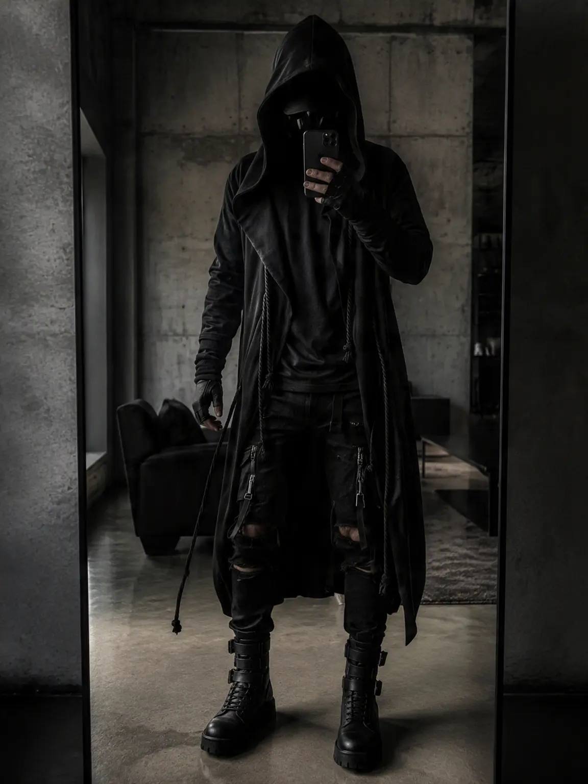 Men's Hooded Streetwear Jacket, Urban Tactical Punk Cloak, Open Front Long Cardigan with Pockets