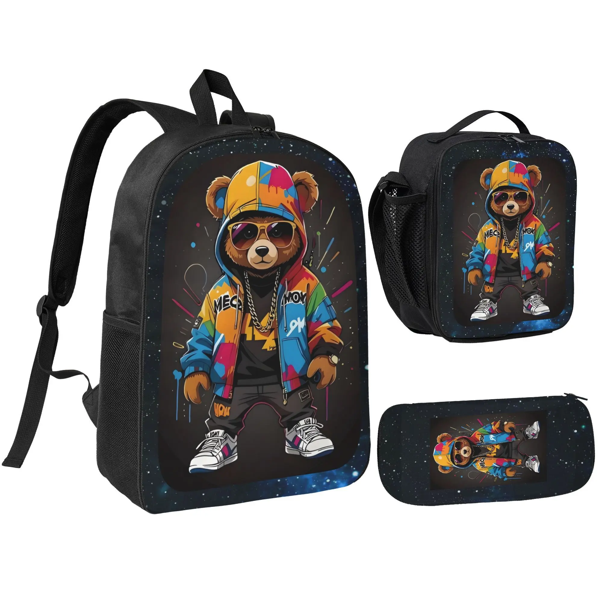 Trendy Backpack - Unisex Casual Student Cartoon Bear Sports & Outdoor Gymnastics Bag, Lightweight, Zipper Design, Adjustable Shoulder Straps, Colorful Print, Polyester, Graphic, Casual Students, Outdoor Gear, Adjustable Strap, High School, Youth Backpack,