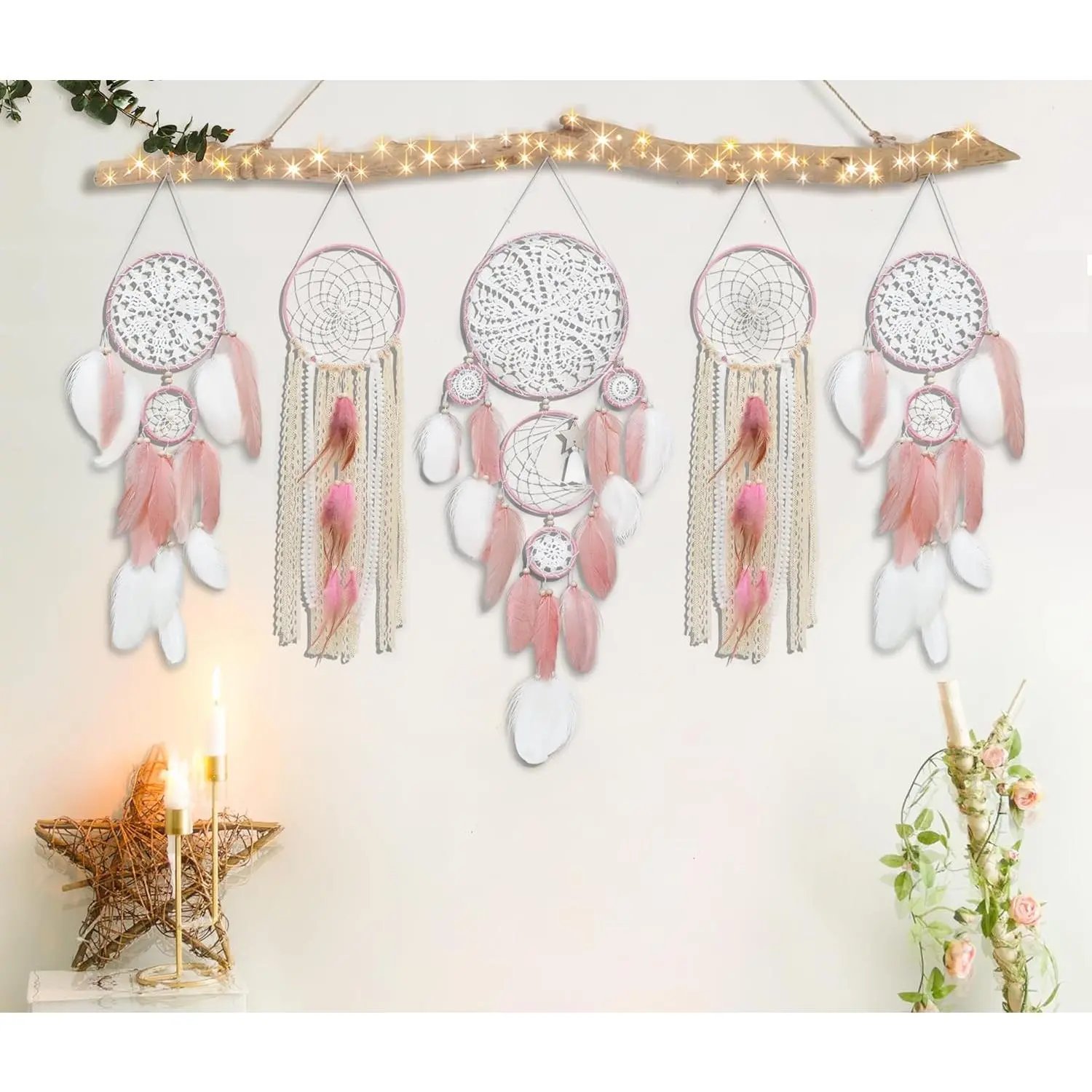 5-Pack Handmade Bohemian Dream Catchers Set - Cotton & Iron Frame, Multi-Size Wood & Pink Macrame Hanging Wall Decoration, Feathers, Moon Phase Design, Witchy Home Supplies, Unique Gifts for Anniversary