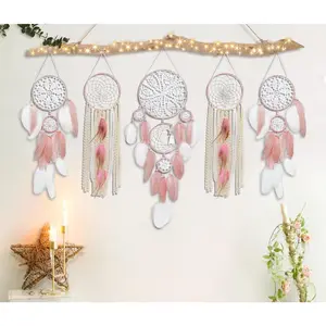 5 Pack Dream Catchers Moon Phase Boho Wall Decor Feather Handmade Traditional Macrame Wall Hanging Dream Catcher for Home, Bedroom, Living Room, Witchy Gifts (Pink Set)