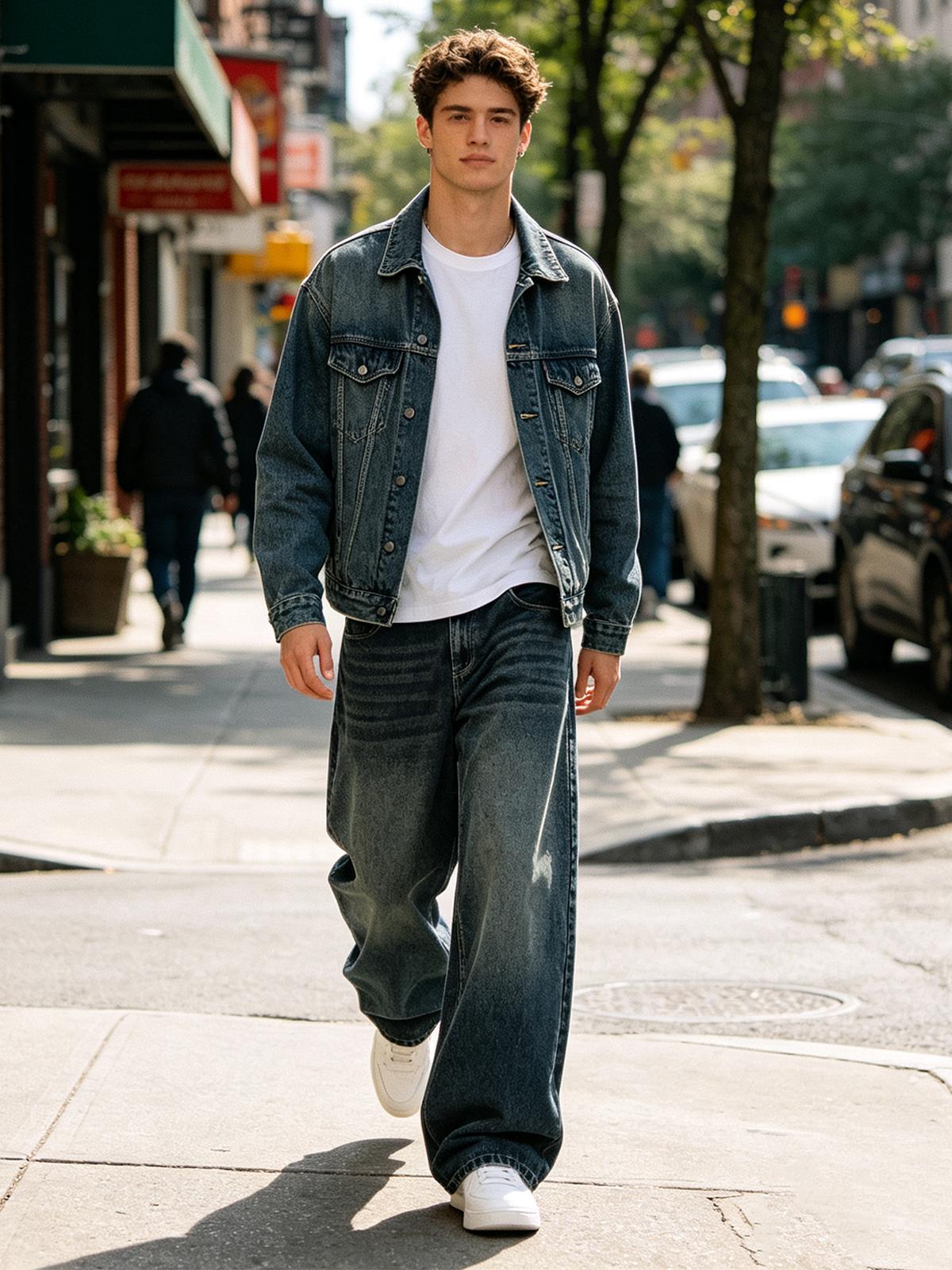 Men's loose straight-leg jeans, vintage style, suitable for street casual wear.