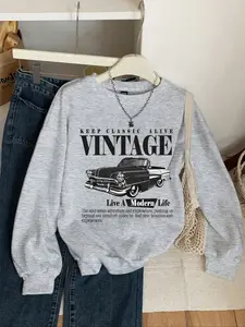 Vintage Car Letter Print Fleece Long Sleeve Pullover Sweatshirt, Fall & Winter Casual Loose Fit Round Neck Jumper, Cute Holiday Style