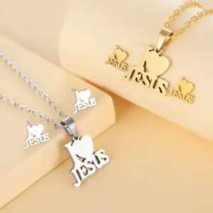 Wis Fashion Stainless Steel Jesus Cross & Letter JESUS Pendant Necklace Set For Women Men Heart Shaped Letter Pendant Christian Symbol Gift