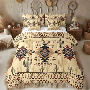 Khaki Southwestern Aztec Comforter Set with Sheets for Kids Boys Girls Geometric Vintage Bed in a Bag Boho Tribal Rustic Western Exotic Cactus 7 Pieces Bedding Set Bedroom Decor