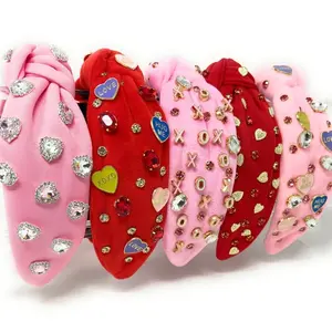 Handmade Pink and Red Top Knot Headbands with Elegant Jewels, Valentines Day Headbands, Custom Jeweled Headbands