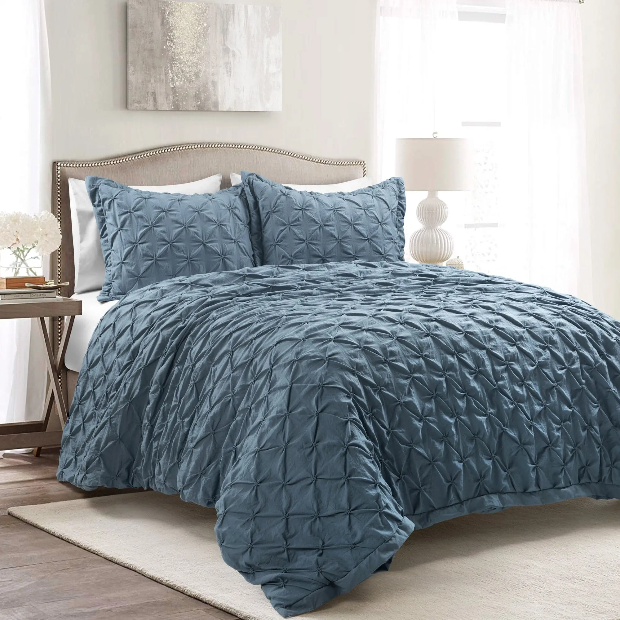 Lush Decor Ravello Pintuck 3-Piece Pattern Duvet Cover Set, Textured Design, Comfortable Fit, Coastal Bedding for Cozy Setup, 100% Polyester, OEKO-TEX Certified (Full/Queen & King Sizes)