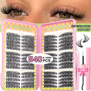 GROINNEYA Lashes Clusters Cat Eyelashes Wispy Lash Bond & Seal Volume Individual Lashes Extensions Clusters Lashes DIY Eyelashes Kit Makeup