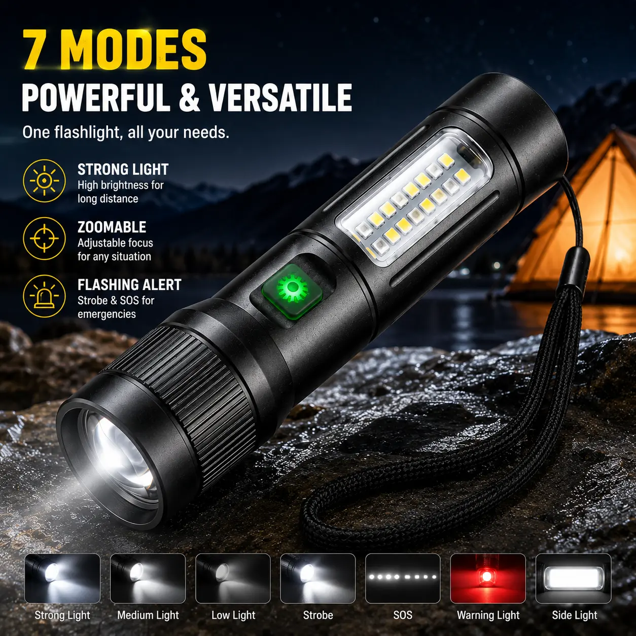 HIGH LUMENS & 7 MODES Powerful Rechargeable Flashlight, Ultra Bright Tactical Torch with Red SOS Light for Outdoor Camping, Power Outage and Emergency
