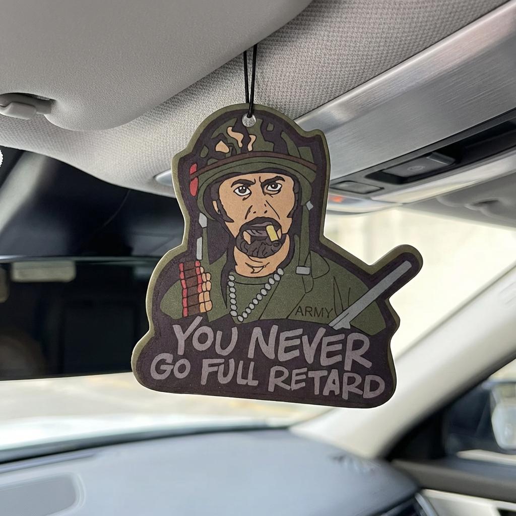 Novelty Car Air Freshener, Tropic Thunder "You Never Go Full Retard" Quote, Long Lasting Scent Pendant, Funny Military Man Cartoon Hanging Ornament for Car Interior Decor