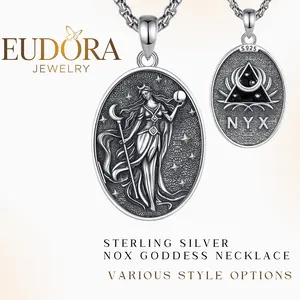 925 Sterling Silver Nox Goddess of Night Necklace, Double Side Third Eye Medallion, Vintage Divine Feminine Pendant, Celestial Handmade Jewelry