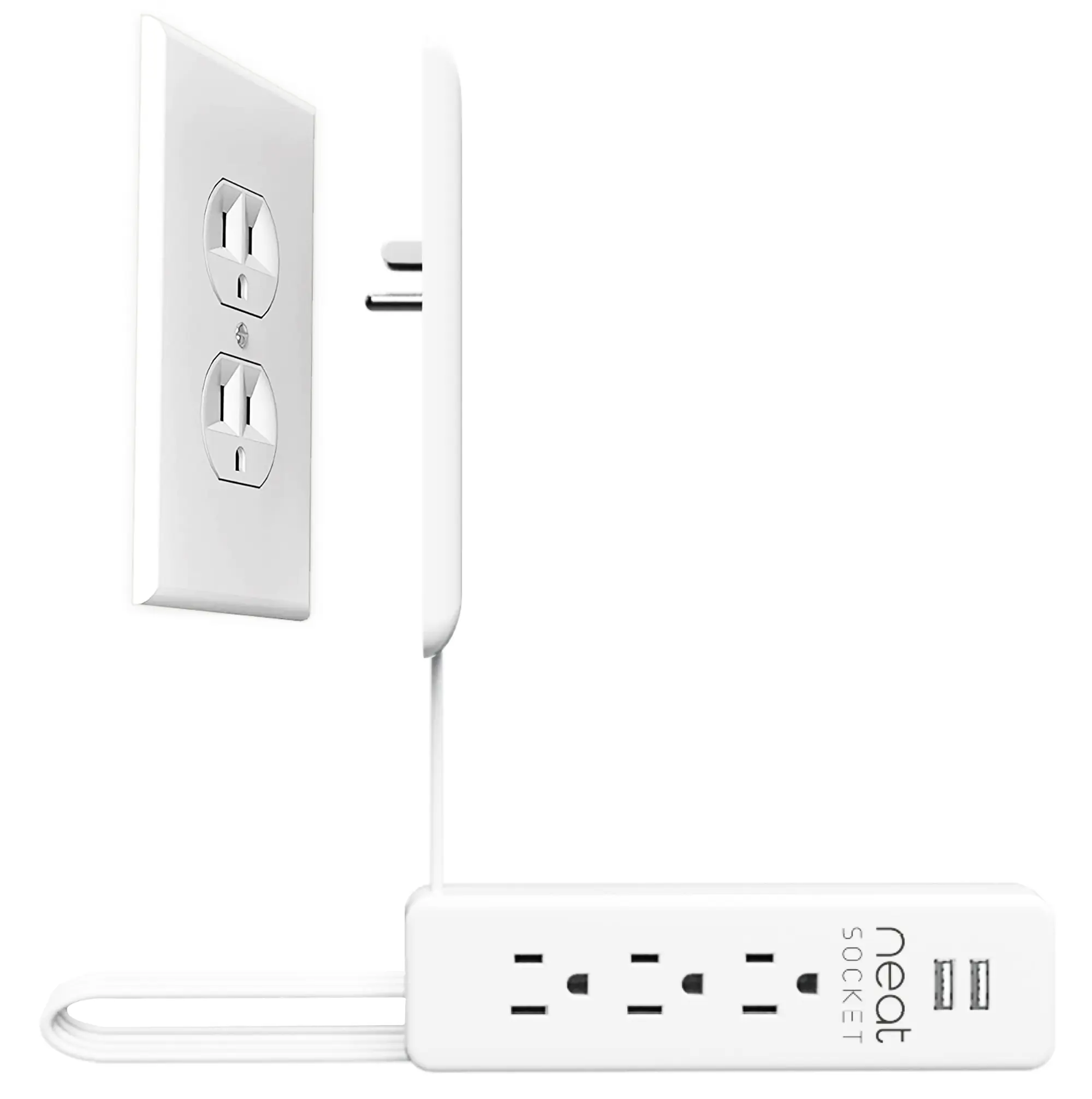 Neat Socket Ultra Thin Flat Extension Cord with 3 Outlets & 2 USB Ports - Outlet Cover That Hides Cords Behind Furniture, Child & Pet Safe, White