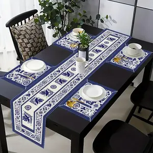 5-piece set/7-piece set of table flags and placemats, featuring flowers, birds, and Mexican table flags for the Day of the Dead. The blue tiled kitchen table decoration is suitable for home party decoration (72 inch/35.5-inch table flags)