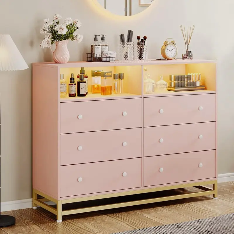 6 Drawer Double Wide Wood Dresser with LED Lights Chest of Drawers for Bedroom