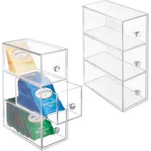 Plastic Kitchen Pantry Stackable Storage Organizer Container Station with 3 Drawers for Cabinet, Countertop, Holds Coffee, , Sugar Packets, Creamers - Lumiere Collection - 2 Pack - Clear