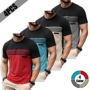 Pack of 4 men’s striped patchwork short-sleeve T-shirts, casual crew neck, color-block design, versatile top—ideal for everyday wear.