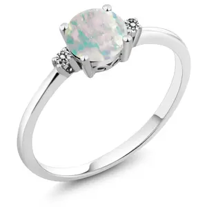 Gem Stone King 10K White Gold Simulated White Opal and White Diamond Solitaire Engagement Ring For Women (0.33 Cttw, Round Cabochon 6MM, Gemstone October Birthstone)