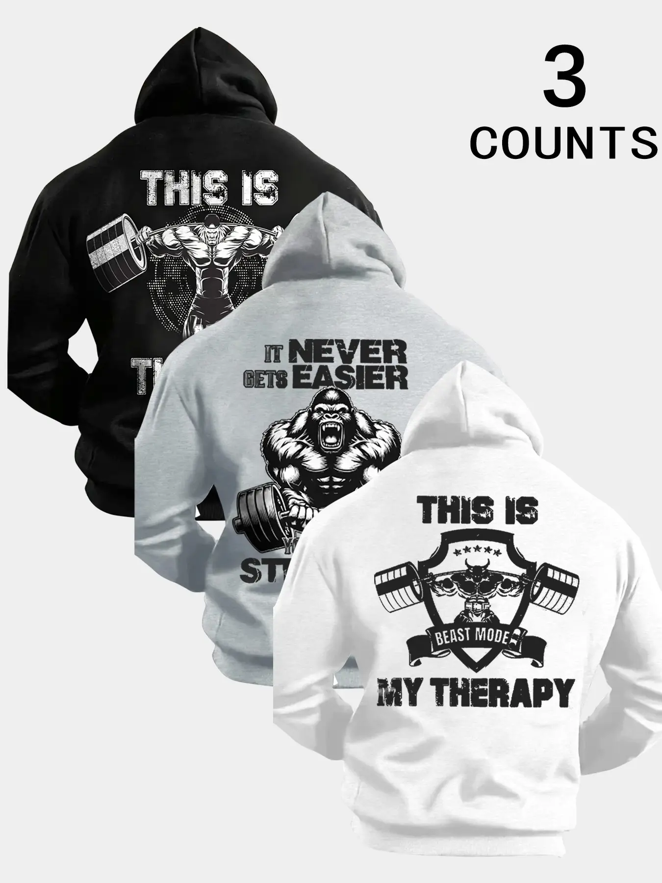 Men's Hooded Sweatshirt Set, Weightlifting Hoodie Set, Bull & Gorilla Print, Casual Long Sleeve Pullover with Drawstring Pocket Design, Casual Sporty Hoodies, Casual Streetwear Hoodies