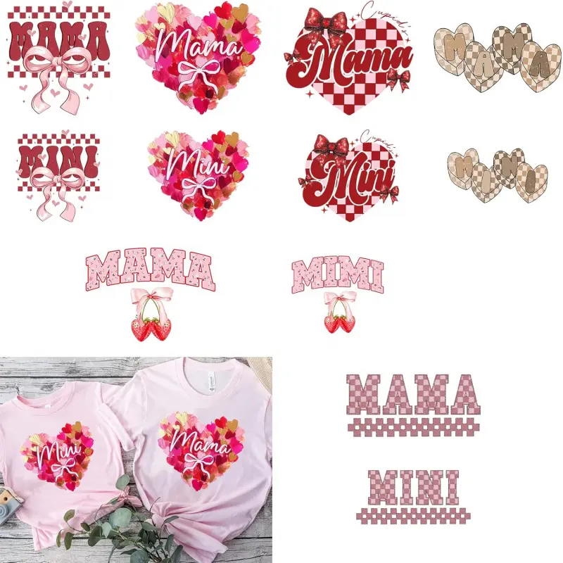 12PCS Mama Mother's Day DTF Transfers Iron on Bows Cherry Heat Transfer Patches for T-Shirts Jeans Fabric Decoration Heart MINI Iron on Decals for Cloth DIY Applique Bowknots