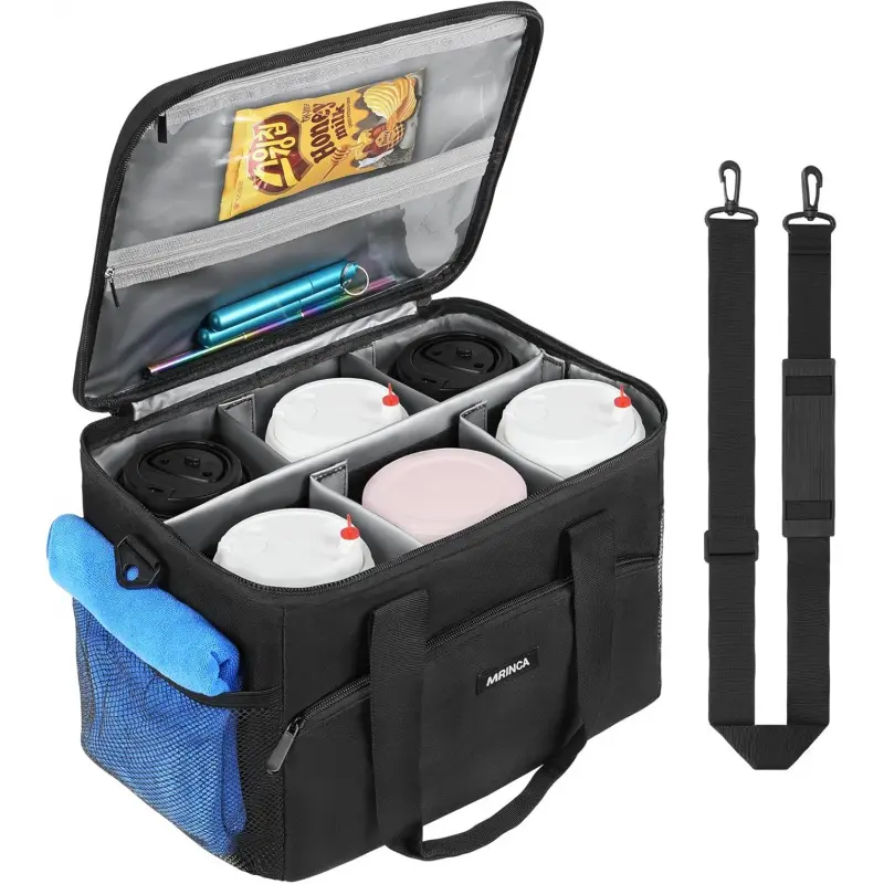 Reusable 6-Cup Drink Carrier for Delivery – Insulated, Leak-Proof & Collapsible Beverage Caddy with Adjustable Dividers, Reinforced Base, Side Pockets & Shoulder Strap for Travel and Car Use