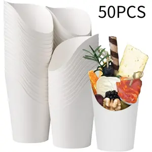 50pcs French Fries Holder 12oz Charcuterie Cups Disposable Take-out Party French Fry Cups Waffle Paper Popcorn Boxes Sandwich Paper Cups Holder Wedding Trays Paper Cones (White) To Go Cups