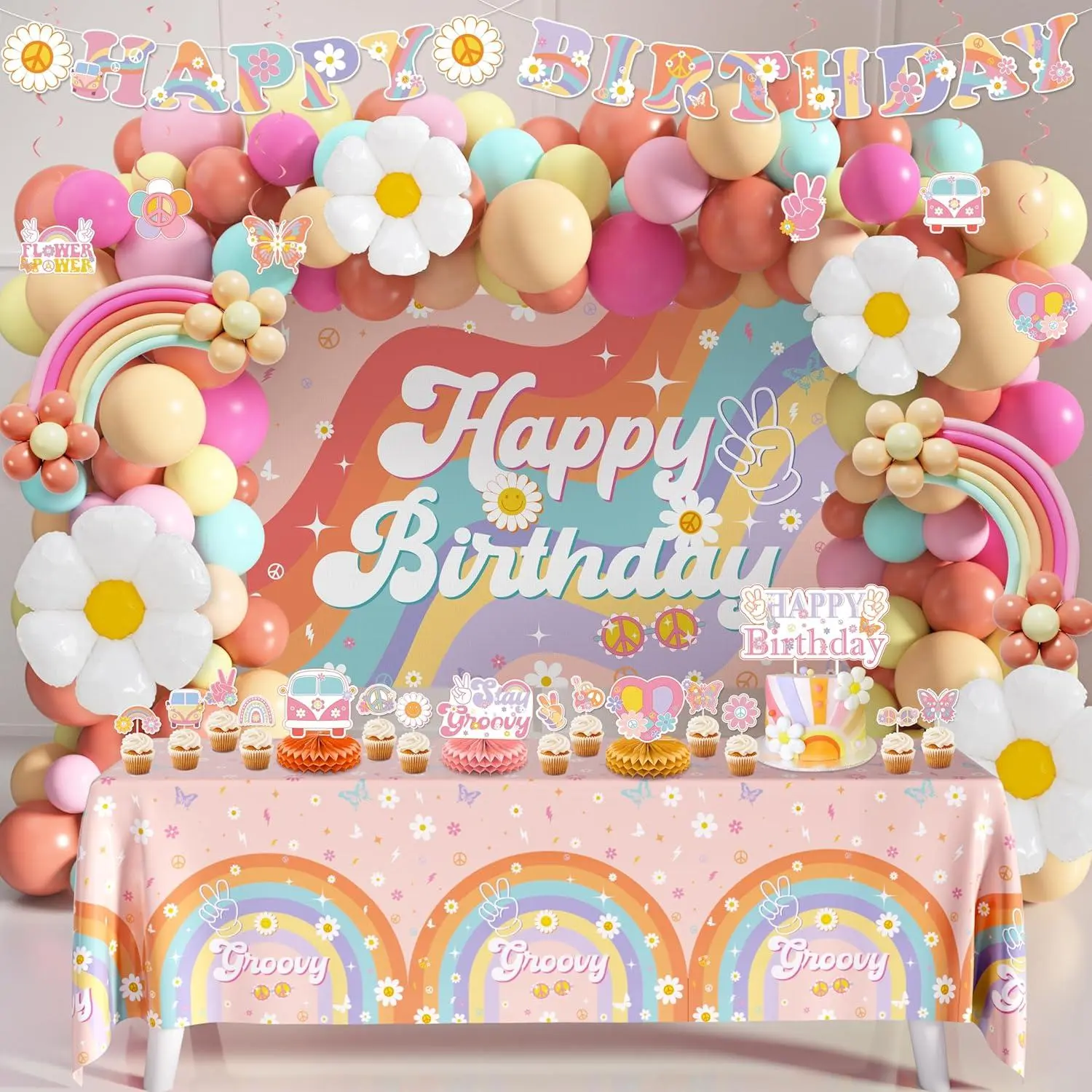 Groovy Party Decorations, 112Pcs Groovy Birthday Decorations Include Banner Backdrop Tablecloth Cake Toppers Hanging Swirls Centerpieces and Daisy Foil Balloons for Hippie Rainbow Boho Birthday Party WHYMEO