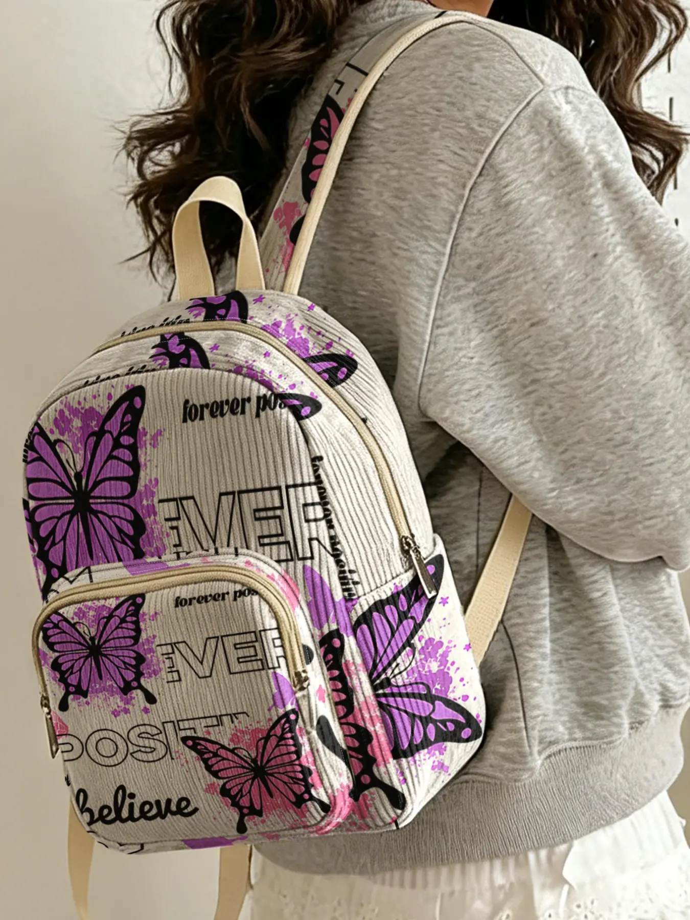 Women's Butterfly 2D Print Backpack, Velvet Texture, Layered Storage, Casual Style, All Seasons, Ideal for School & Outing, Fashion Durable Backpack, Versatile Backpack, Casual Printed Backpack