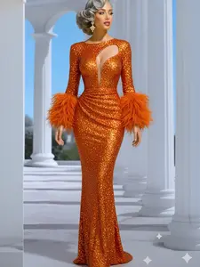 Orange Sequin Beaded Prom Dress Luxury A-Line Short Evening Cocktail Party Gown Elegant Birthday Outfit Gala Homecoming Vestidos TikTok Trend Nigerian African Couture Style Fashion Nova Inspired Glam Dress