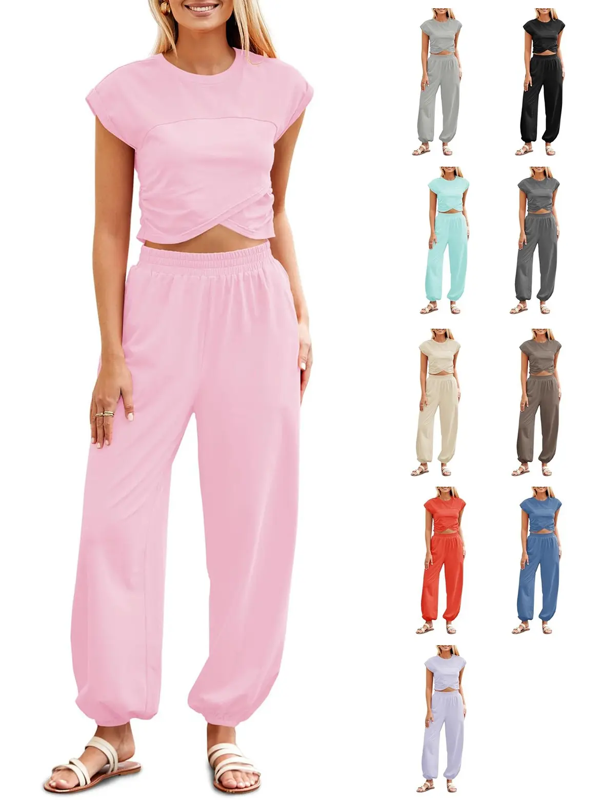 FISOEW Women's Two Piece Outfits Casual Lounge Sets Crop Tops and Joggers Tracksuit with Pockets