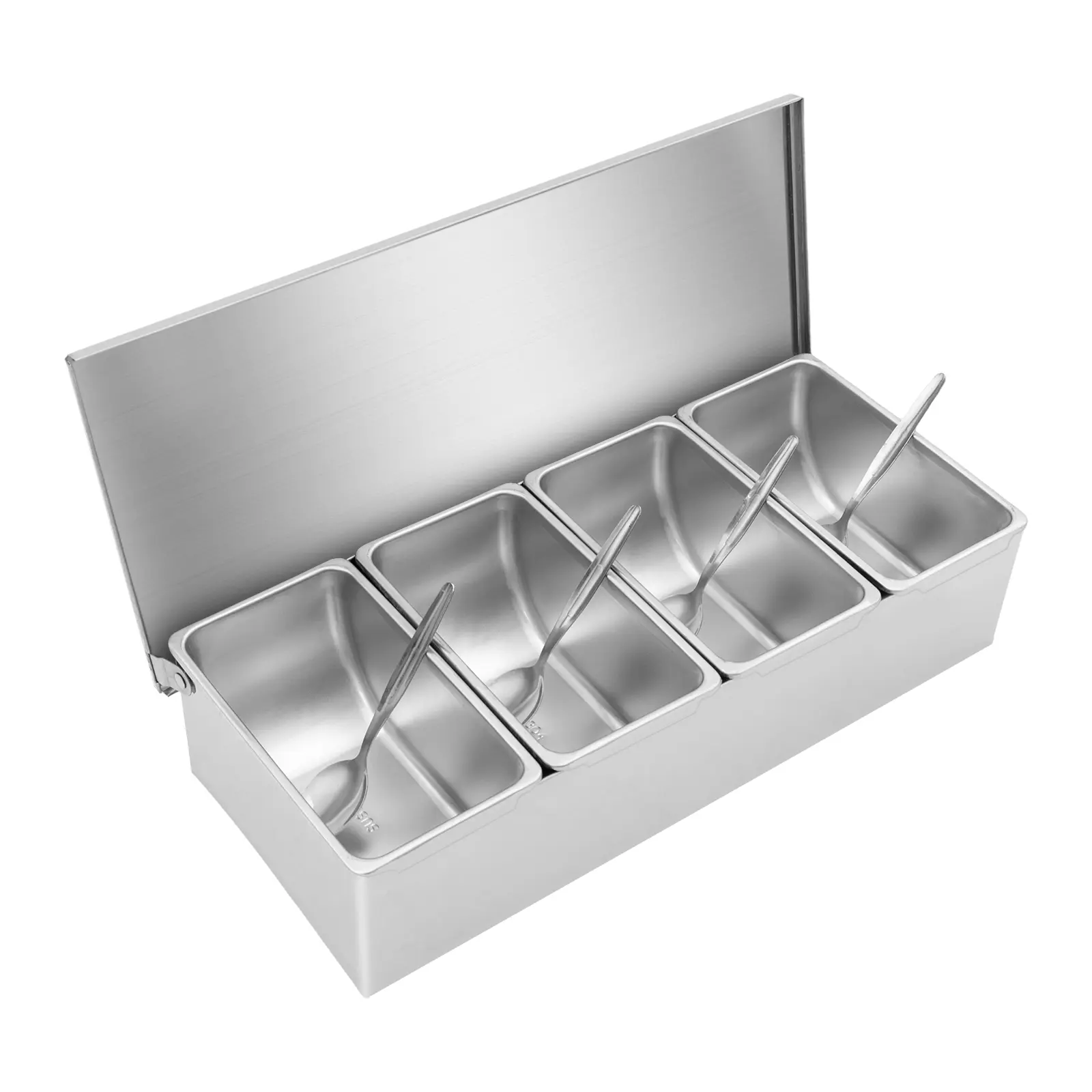 Sturdy Reusable Stainless Steel 4-Slot Seasoning Utensils Caddy with Caddy Frame, Spoons, Containers - 38×17×9.5 cm, for Sauces, Spices, Oil, Vinegar - Modern Kitchen Gadget for Home Dinner Parties, Restaurants