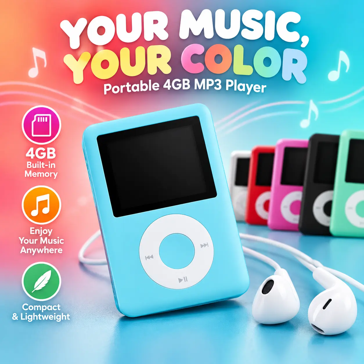 4GB MP3 Player with 1.8-Inch Color Screen, Portable Rechargeable Music Player with Earphones & Silicone Case, Video & Photo Playback