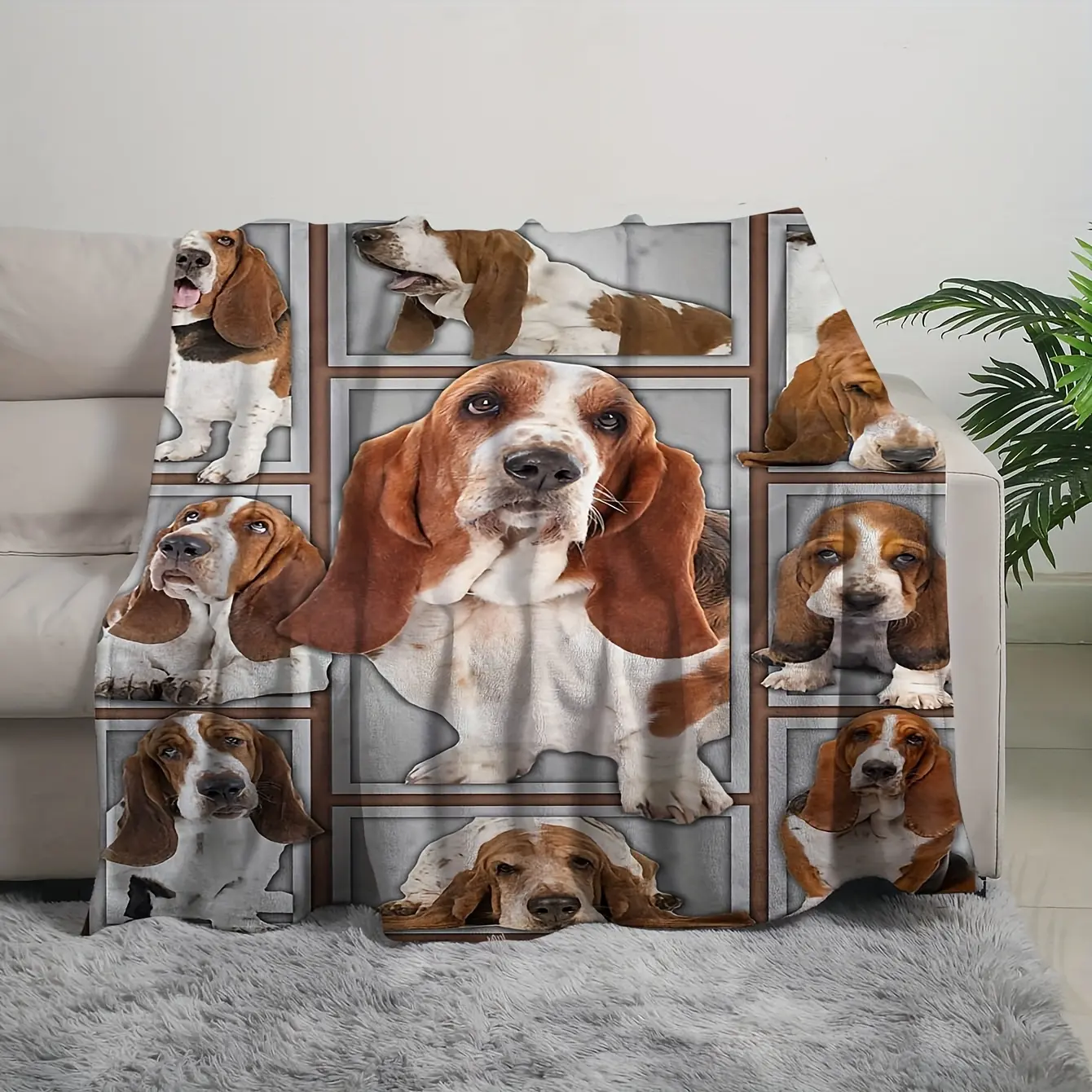 Modern Basset Hound Print Flannel Bed Blanket - Reversible All-Season Multi-Functional Animal Theme Knitted Blanket, Digital Printing, Polyester, Machine Washable
