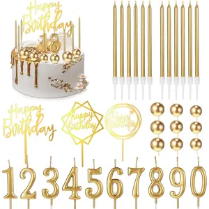 XY-SO34 34 Pcs Happy Birthday Cake Toppers Decorations Birthday Candles DIY Cake Decor for Men Women Wedding Anniversary(Gold) White Icing Bake
