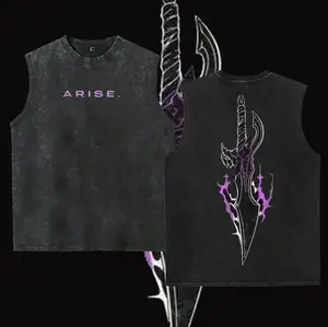 Men's Solo Leveling Arise Inspired Sleeveless Tank Top - Retro Washed, Double-Sided, Oversized, Minimalist Anime Manhwa Pattern, Grunge Dark Aesthetics, Harajuku Streetwear, Neutral, Soft, Fitted, Everyday Casual Vacation Gift for Fans