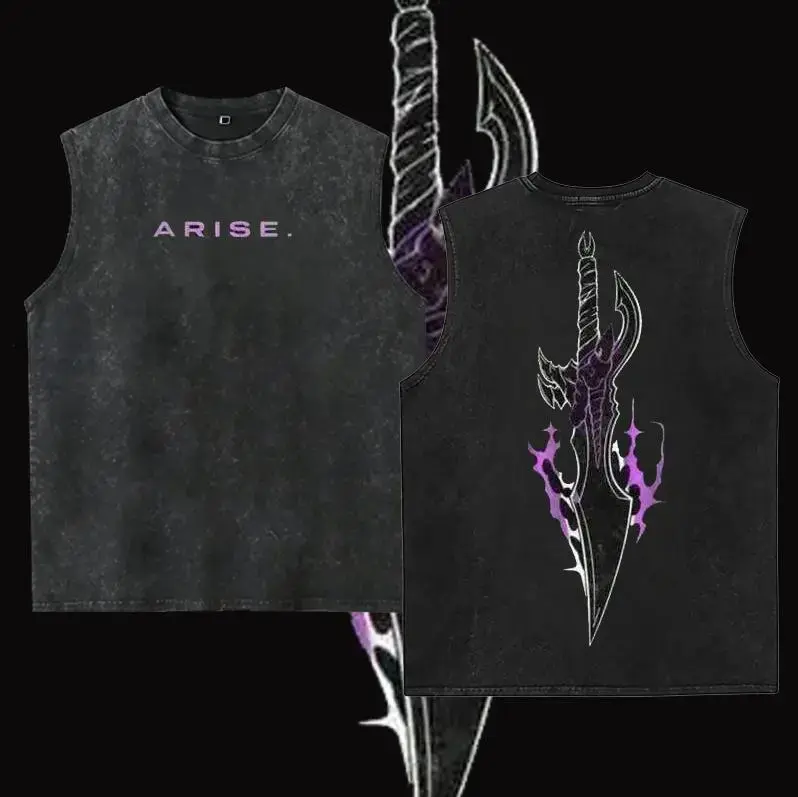Men's Solo Leveling Arise Inspired Sleeveless Tank Top - Retro Washed, Double-Sided, Oversized, Minimalist Anime Manhwa Pattern, Grunge Dark Aesthetics, Harajuku Streetwear, Neutral, Soft, Fitted, Everyday Casual Vacation Gift for Fans