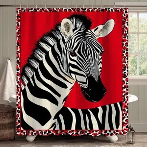 1/4 Pcs Zebra Theme Shower Curtain Set. Red background with black-and-white zebra pattern and leopard print border, adding wild charm to the bathroom. This printed shower curtain set includes a shower curtain, non-slip bath mat, toilet lid cover, bathroom