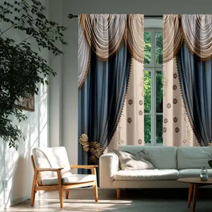 2pcs Blue European Vintage Luxury Curtains, Embroidered Pattern, Light Blocking, Home Decor, Durable, Eco-Friendly, Fall Decoration, Heavy Curtain