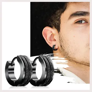 Stainless Steel Mens Hoop Earrings Stripe Bevel Edge Black Gold Color Black Unique Small Hoop Earrings for Men Huggie Earrings 1 Pairs