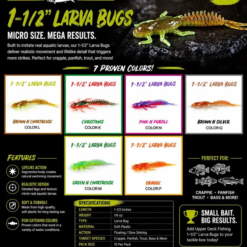 Lifelike 1-1/2” Larva Bugs Fishing Lure - Pack of 10 - Ideal for Bluegill and Crappie - Secret Sauce Soaked - Deadly Effectiveness - US Origin