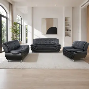 Modern Black Sofa Set, Breathable Leather Living Room Couch Set, Minimalist Sofa Loveseat Chair Furniture for Apartment Bedroom Office