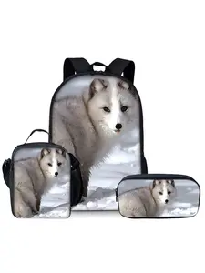 White Fox Pattern Printed 17-inch Backpack Three-piece Set (Single-layer Backpack + Shoulder Strap Lunch Bag + Single-layer Pencil Bag)