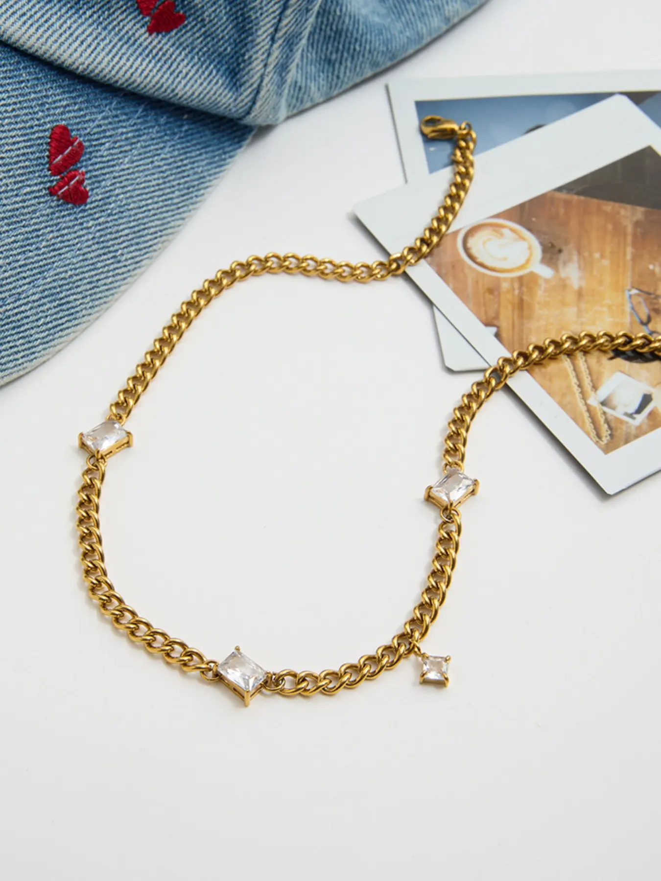 Lady's Gold Necklace, Daily Wear Necklace, Accessory Necklace, Classic Stainless Steel 18k Gold-Plated Waterproof Strap, White Square Zircon Blade Chain, Bohemian-Style Jewelry Beach Vacation, Fashion Necklace